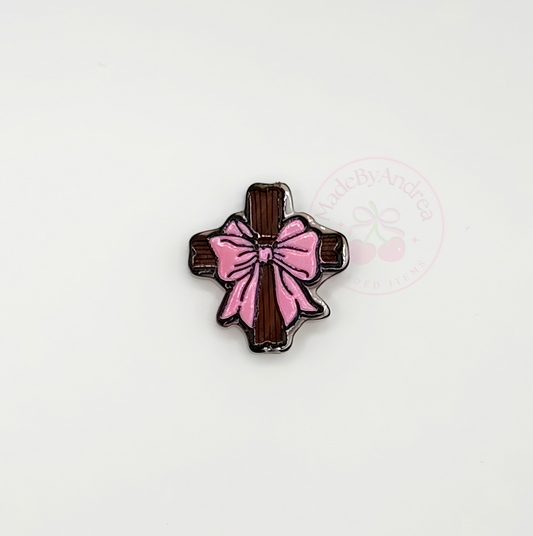 Cross Pink Bow Acrylic Focal